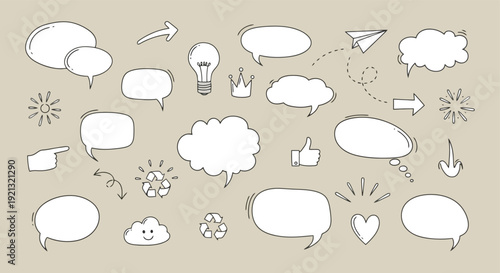 Collection of Hand Drawn Speech Bubbles and Icons.