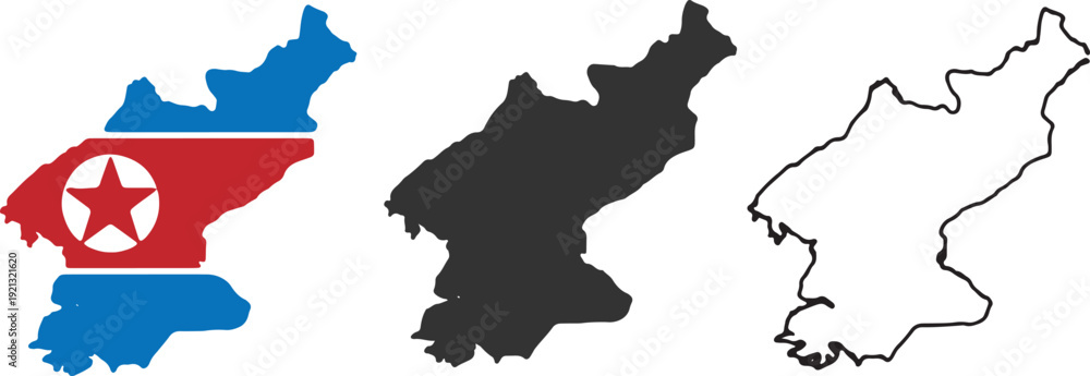 Obraz premium North Korea Map Silhouette Set: Democratic People's Republic of Korea Geographic Outline with National Flag Design, Black Vector Icon, and Isolated Border Contour Illustration