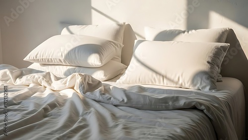 Sunlit, pristine white bed with piled pillows and rumpled sheets, evoking a feeling of calm