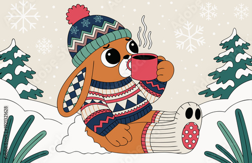 Funny knitted rabbit drinking hot cocoa from steaming pink mug in snow cozy winter Christmas holiday scene cute festive kids friendly social media footage
