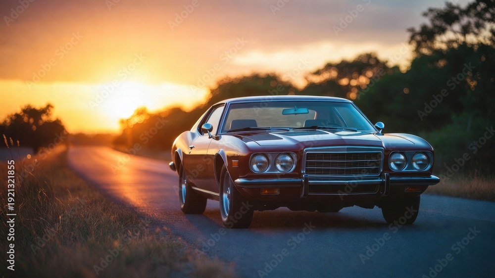 Fototapeta premium Vintage red muscle car on empty road at sunset displaying classic elegance.