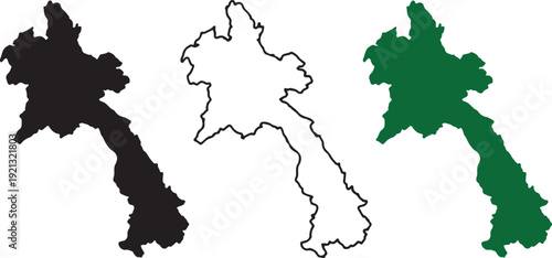 Laos Map Silhouette and Outline Set - Detailed Vector Geographic Borders of Lao People's Democratic Republic in Black, Green, and Line Art Icons for Infographics, Travel, and Education.