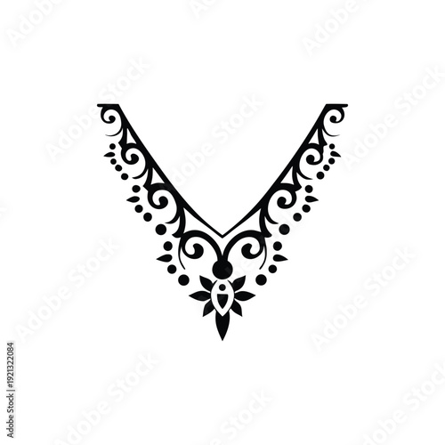 Vintage ornamental neckline vector illustration with intricate floral details, ideal for textile print, wedding design, and decorative artwork.