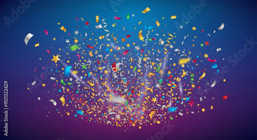 Vibrant colorful confetti explosion on dark blue background celebrating joy and festivity with dynamic movement