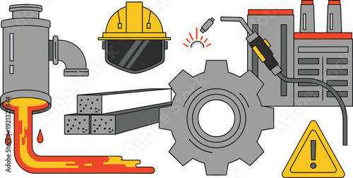 Industrial production set with molten metal, steel beams, factory building, gear, welding tool and safety helmet.