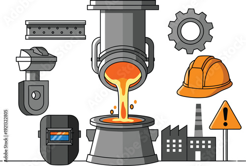 Metallurgy set with molten metal pouring into a cauldron, factory, safety helmet, welding mask and gear on white background.