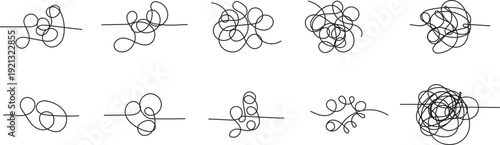 Hand drawn scribble swirl line set with messy abstract loops. Chaotic sketch strokes for stress concepts, creative designs, or artistic backgrounds. Minimal black tangled line collection isolated.