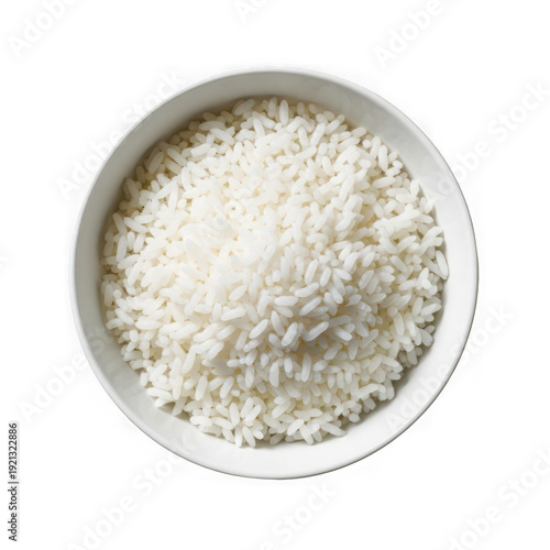 A close-up view of a white bowl filled with white rice grains, isolated on transparent background