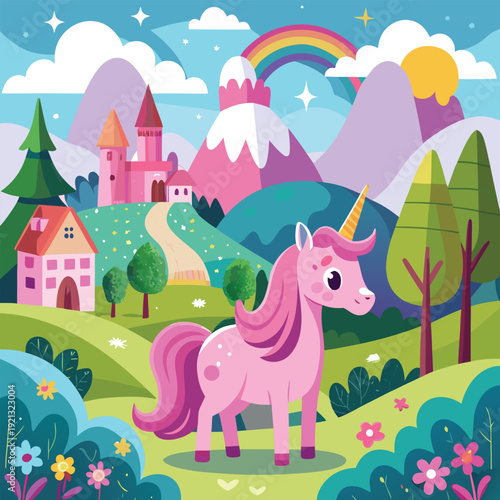 Pink unicorn standing in a magical fairytale landscape with a castle, mountains, trees, and a rainbow in the sky. Created in a whimsical cartoon vector style with a pastel color palette.