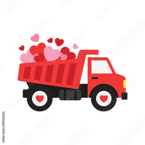 Red Dump Truck Carrying Hearts Valentine Love Delivery Vector Illustration
