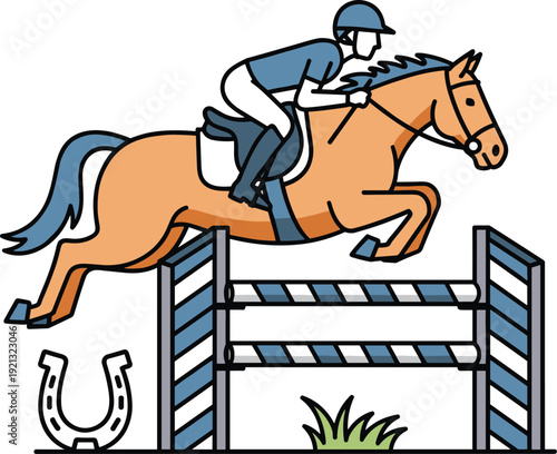 Show jumping set with a horse and rider jumping over a hurdle, horseshoe, grass and blue sky background.
