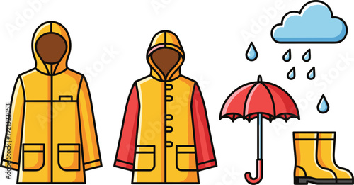 Rainy day set with yellow raincoats, red umbrella, rain boots, clouds and water droplets isolated on white background.