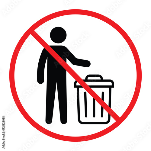 No littering prohibition sign showing a person throwing trash into a bin crossed by a red circle and diagonal line. Simple black pictogram on light background, ideal for public notice, hygiene and saf