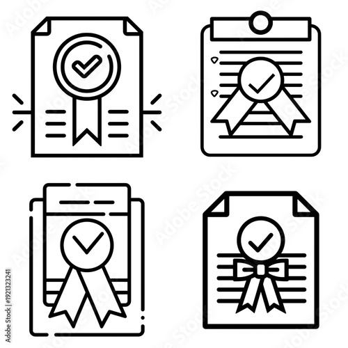 Collection of stylized certification icons with checkmarks and ribbons symbolizing approval and quality