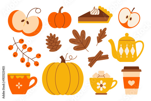 Autumn harvest collection of pumpkins apples pie tea cup and cinnamon sticks fall
