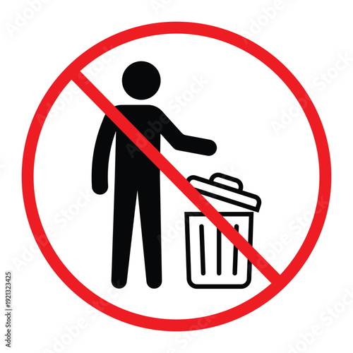 No littering prohibition sign showing a person throwing trash into a bin crossed by a red circle and diagonal line. Simple black pictogram on light background, ideal for public notice, hygiene and saf