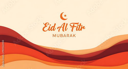 Eid al fitr mubarak greeting card with crescent moon and wavy lines