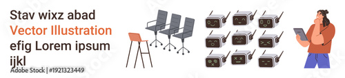 Office furniture, workplace design, technology nostalgia, productivity tools, workspace organization, retro . Office chairs, vintage radios and a person analyzing a clipboard. Workplace design