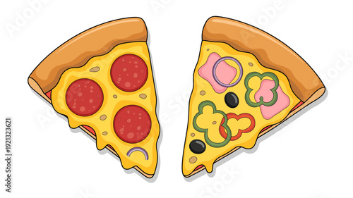Cartoon pizza slices with pepperoni and onion the other with ham peppers and olives