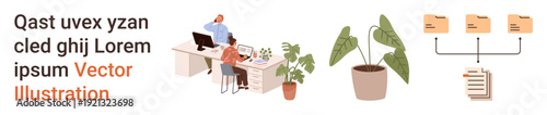 Office productivity, teamwork, workplace organization, digital storage, work-life balance, modern design. Two colleagues working, a potted plant and file management icons. Office productivity