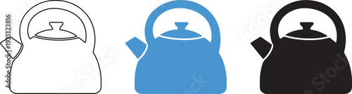 Three different colored kettle icons in white blue and black on a white background