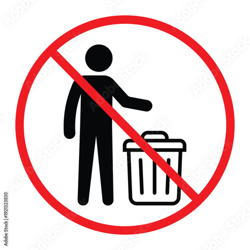 No littering prohibition sign showing a person throwing trash into a bin crossed by a red circle and diagonal line. Simple black pictogram on light background, ideal for public notice, hygiene and saf