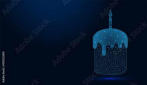 Low poly wireframe easter cake with candle on dark blue background.