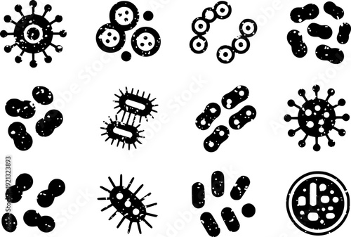 Collection of black and white stylized microbe and virus with grunge texture bacteria
