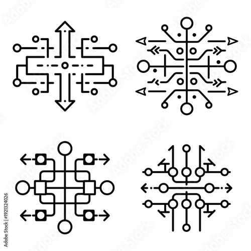 Abstract network diagrams with interconnected nodes and directional arrows, symbolizing data flow and connectivity.