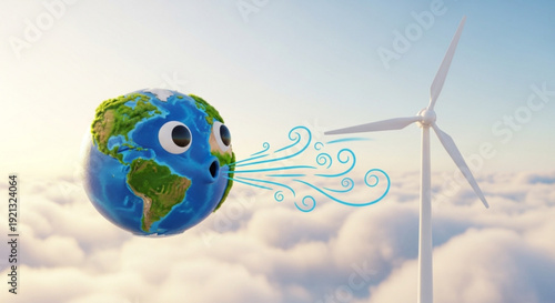 Smiling earth with wind turbine generating clean energy above clouds