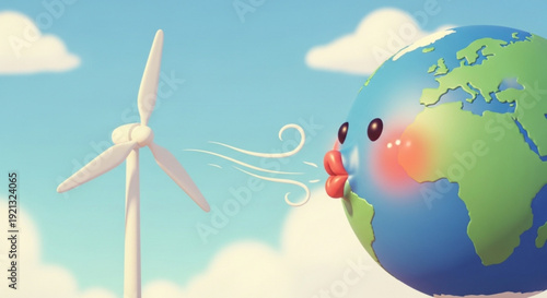 Smiling earth with rosy cheeks blowing on a wind turbine for clean energy