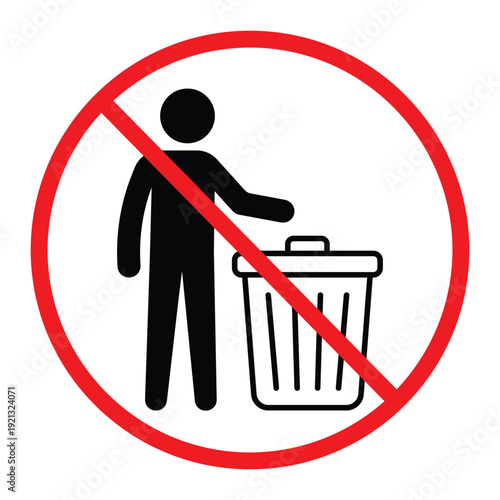 No littering prohibition sign showing a person throwing trash into a bin crossed by a red circle and diagonal line. Simple black pictogram on light background, ideal for public notice, hygiene and saf