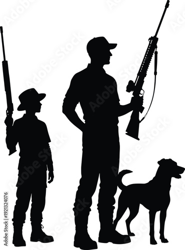 Black silhouette of father and son hunters standing with rifles and hunting dog, outdoor sporting activity, family hobby, isolated vector on white.