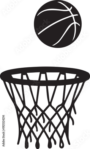 Basketball Ball and Hoop Net Silhouettes Vector Illustration