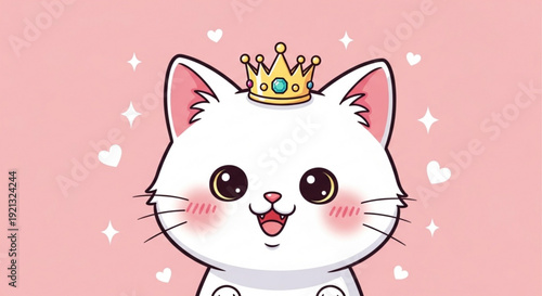 Cute white cat wearing a golden crown on pink background with hearts and sparkles