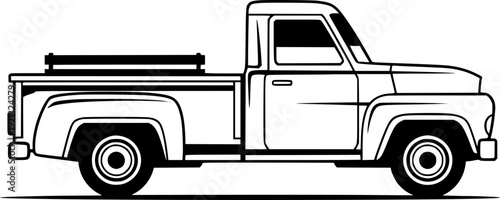 Vintage pickup truck side profile black and white line vehicle transport