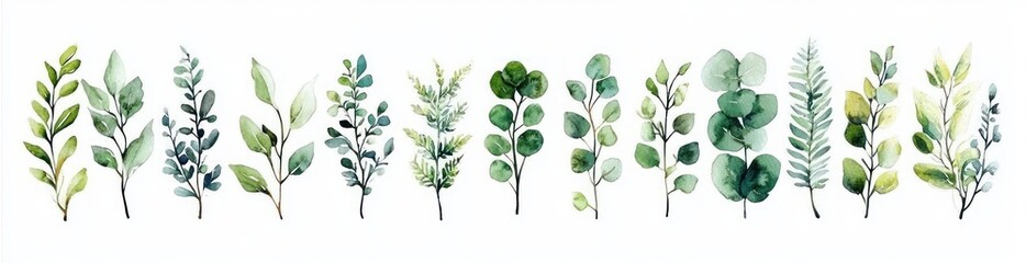 row of assorted watercolor green leafy branches and stems with round eucalyptus coins, fern fronds and slender leaves conveying calm freshness