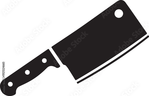 Simple black silhouette of a butcher knife with handle and holes on transparent background