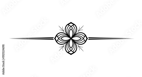 Elegant black and white symmetrical floral divider ornament in baroque style with sweeping horizontal lines for graphic design separation on transparent background