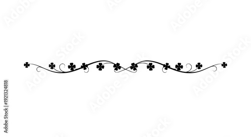 Elegant black silhouette border divider flourish featuring repeating four leaf clovers and delicate swirling vine elements on transparent background