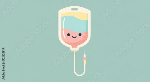 Smiling iv bag with colorful liquid and tube on a soothing green background for medical concepts
