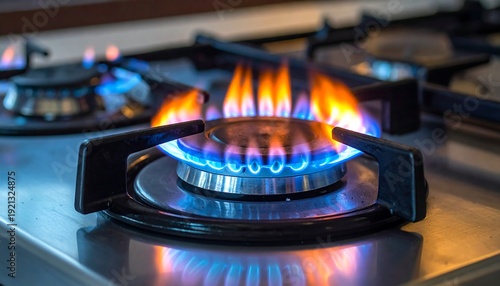 A gas stovetop burner ignites with blue and orange flames, ready for cooking on a stainless-steel surface