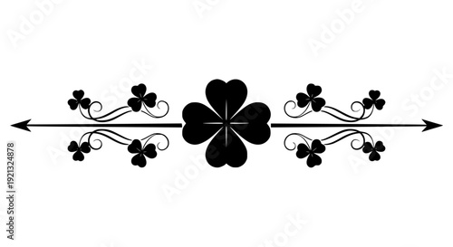 Elegant black silhouette divider featuring four leaf clover embellishments and directional arrow elements for decorative design enhancement on transparent background