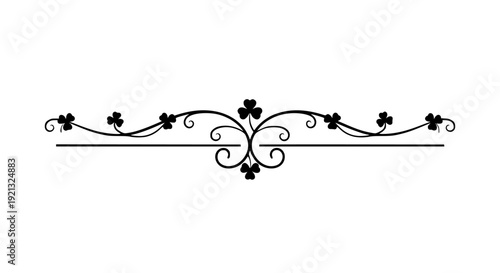 Elegant black ornamental divider line featuring stylized shamrocks and delicate scrollwork flourishes for graphic design embellishment on transparent background