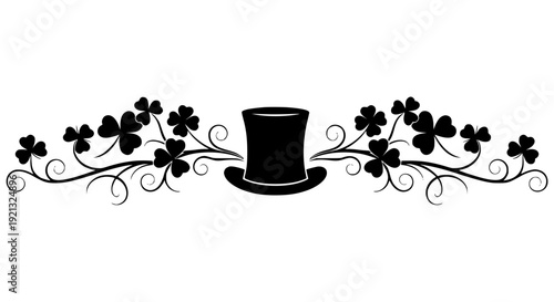 Elegant black silhouette vector illustration featuring a classic top hat, a symbol of magic and formal elegance, centered between ornate swirling scrollwork branches adorned with multiple lucky four.