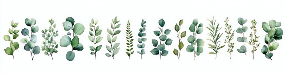 watercolor botanical row of eucalyptus and assorted green leafy sprigs, fresh calming natural arrangement