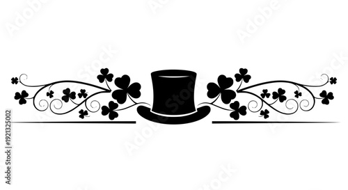 A festive black silhouette of a classic gentleman's top hat, elegantly adorned with intricate swirling Irish shamrock and lucky clover vines, creating a decorative and ornate border or divider graphic