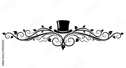 A sophisticated black top hat centered within a symmetrical, elegant, and ornate horizontal scrollwork flourish. This intricate design features graceful winding vines, delicate leaves.