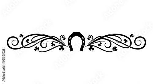 Black silhouette vector graphic featuring a central horseshoe emblem flanked by ornate swirling flourish scrollwork borders adorned with small clover leaf shamrocks on transparent background. 
