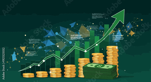 Financial growth illustration showing increasing stacks of gold coins and a rising green arrow graph on a dark green background from an overhead viewpoint
